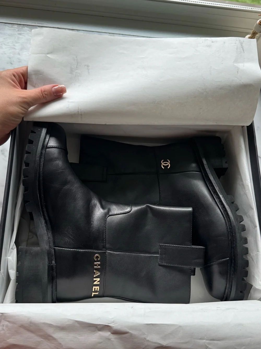 CHANEL Black Leather Lug-Sole Mid-Calf Combat boots